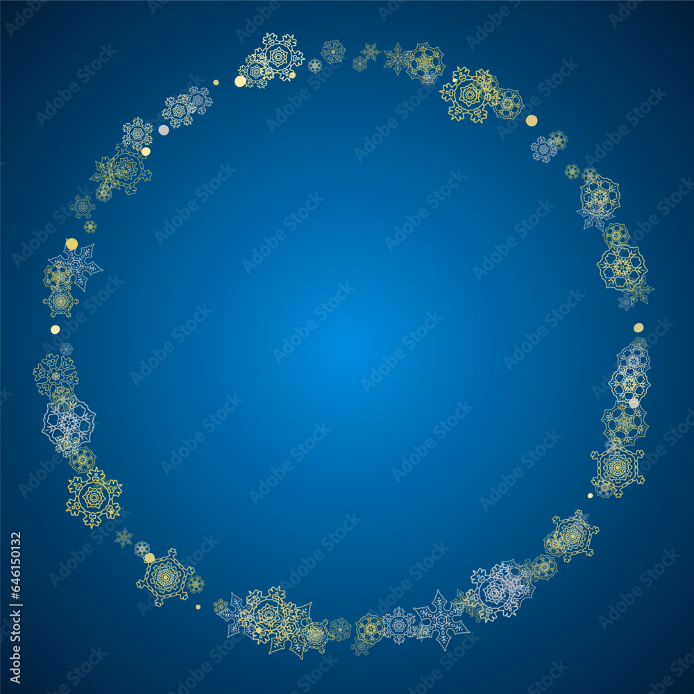 New Year frame with gold snowflakes on blue background. Winter window. Christmas and New Year frame for gift certificate, ads, banner, flyer, sales offers, event invitations. Glitter snow with sparkle New Year frame with gold snowflakes on blue background. Winter window. Christmas and New Year frame for gift certificate, ads, banner, flyer, sales offers, event invitations. Glitter snow with sparkle