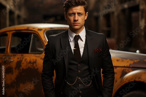 Portrait of a gentleman, stylish serious man, elegant luxurious suit, confident look, beautiful pose, suite impeccably richly . © Ruslan Batiuk