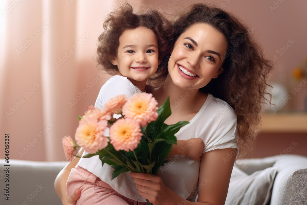 Woman gently holds little girl who is holding bunch of beautiful flowers. Bond between mother or caregiver and child. Perfect for family-related projects or celebrating special moments.