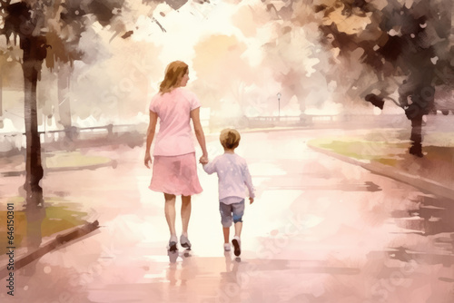 Painting of woman and child walking down street. This picture can be used to depict mother and child bonding or family outing.