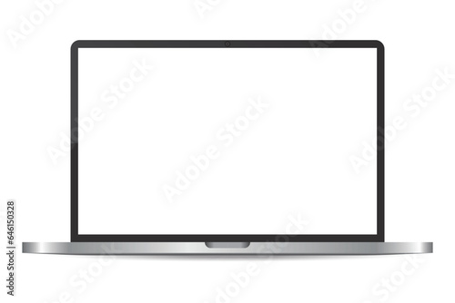 Realistic grey laptop or notebook mockup. Modern office device. 3D vector object with dropped shadow