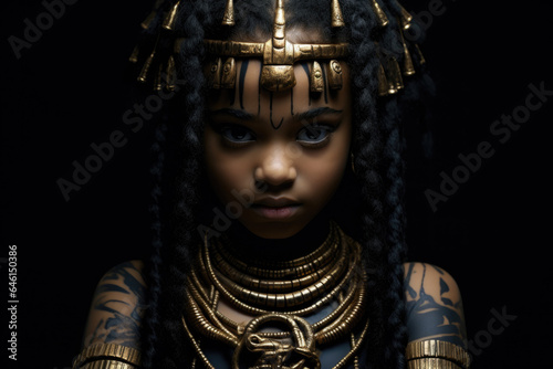 Woman wearing stunning gold headdress and adorned with intricate tattoos. This captivating image can be used to represent beauty, culture, and self-expression.