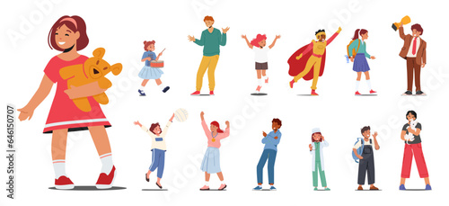 Set Of Children, Young Boys And Girls Characters In The Early Stages Of Life. Curios, Playful, Kids Playing With Pet