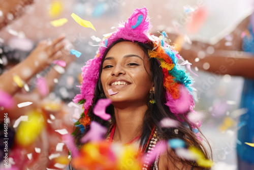 Woman wearing colorful hat is surrounded by vibrant confetti. This image can be used to depict celebration, joy, and festive occasions.