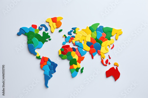 Unique and creative image of world map made out of puzzle pieces. This versatile picture can be used for various projects and themes.