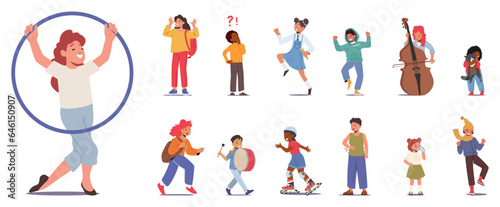 Set of Children Rollerblading, Play with Hula Hoop, Cello and Drum, Drink Water. Girls and Boys Vector Illustration