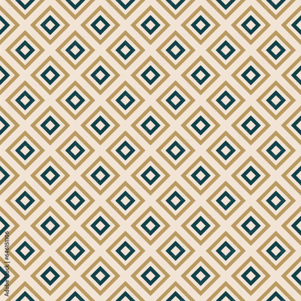 Vector geometric seamless pattern with squares, rhombuses, grid. Abstract graphic ornament in dark green, gold and beige color. Retro style checkered background. Simple elegant repeated geo texture