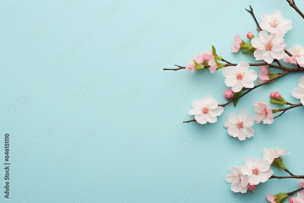 Branch of cherry tree with pink flowers against vibrant blue background. Perfect for springtime designs and nature-themed projects.