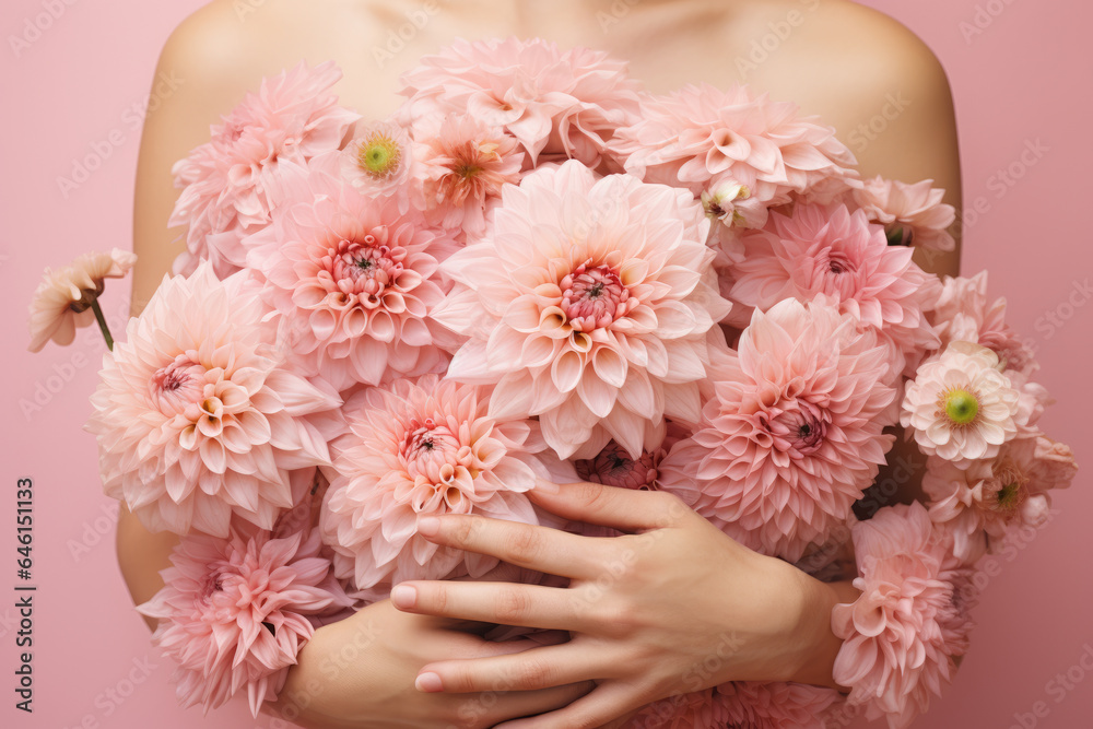 Woman holding bouquet of pink flowers. Perfect for floral arrangements and celebrations. Woman holding bouquet of pink flowers. Perfect for floral arrangements and celebrations.