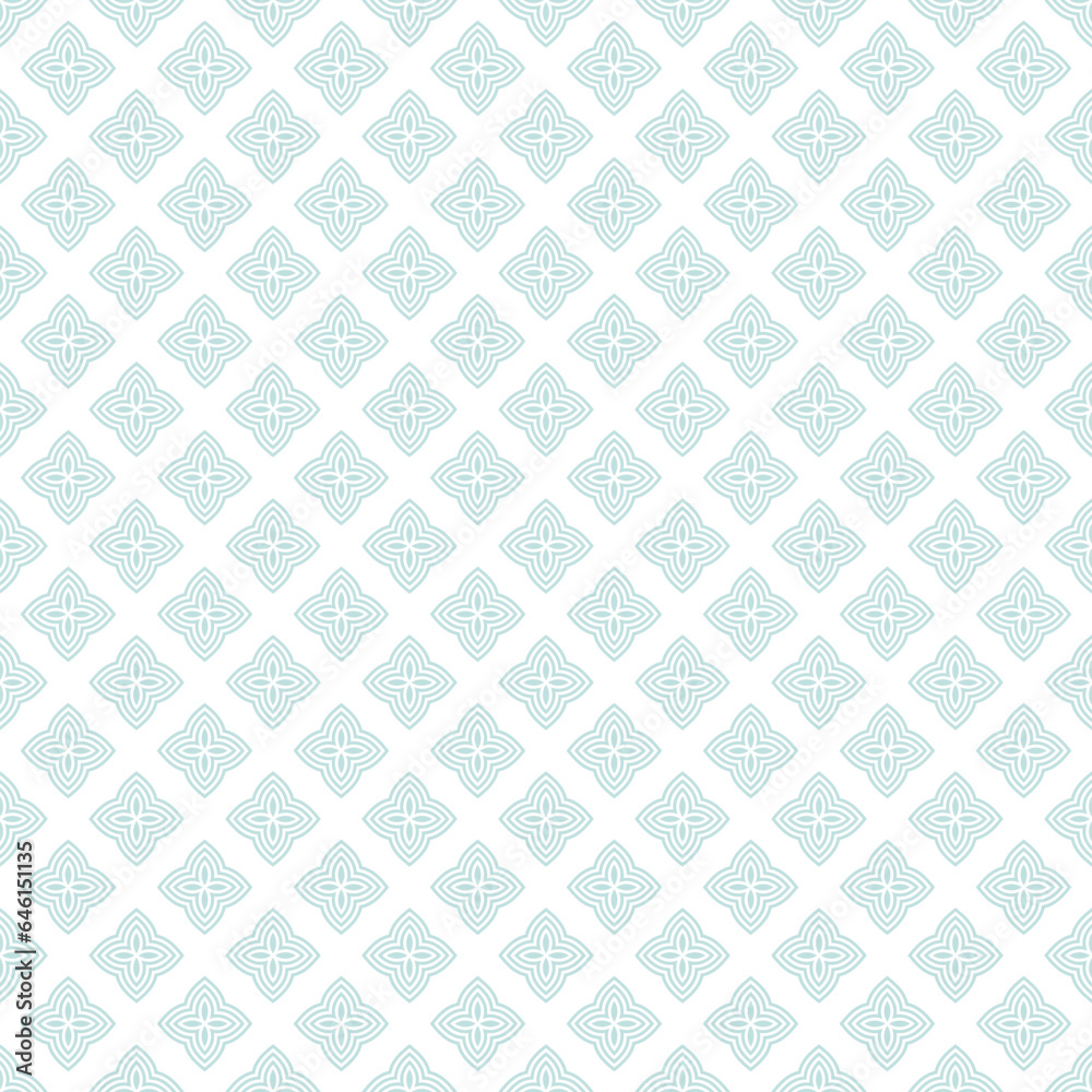 Simple vector floral geometric seamless pattern. Abstract geometric ornament with small flowers in oriental style. Subtle blue and white elegant mosaic background. Ornamental texture. Repeat design Simple vector floral geometric seamless pattern. Abstract geometric ornament with small flowers in oriental style. Subtle blue and white elegant mosaic background. Ornamental texture. Repeat design