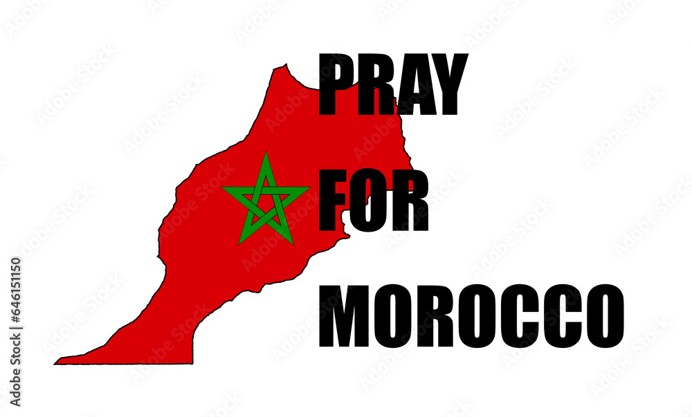 Pray for Morocco message over Moroccan country shape over white background. Solidarity in earthquake aftermath