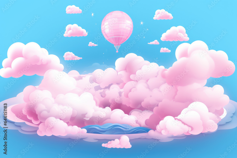 Vibrant pink hot air balloon soaring through clear blue sky. Perfect for travel, adventure, and uplifting concepts.