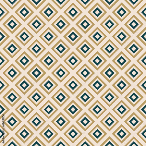 Vector geometric seamless pattern with squares, rhombuses, grid. Abstract graphic ornament in dark green, gold and beige color. Retro style checkered background. Simple elegant repeated geo texture