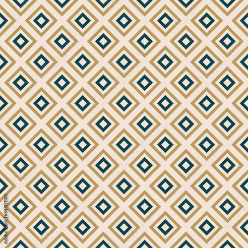 Vector geometric seamless pattern with squares, rhombuses, grid. Abstract graphic ornament in dark green, gold and beige color. Retro style checkered background. Simple elegant repeated geo texture