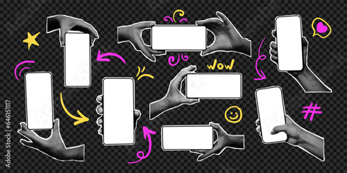 Set of halftone hands holding smartphones with blank screens. isolated cut out shapes, modern retro collage elements with hand gestures and doodles, phone mock up templates. Vector illustration