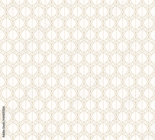 Golden line pattern. Vector geometric seamless texture with delicate grid, thin lines, diamonds, triangles. Subtle abstract white and gold graphic background. Art deco style ornament. Repeat design