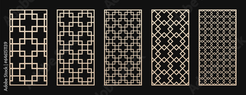 Decorative panels for laser cut, CNC cutting. Cutout silhouette with abstract geometric pattern, squares, diamonds, grid, lattice. Japanese style. Vector stencil for wood, metal. Aspect ratio 1:2