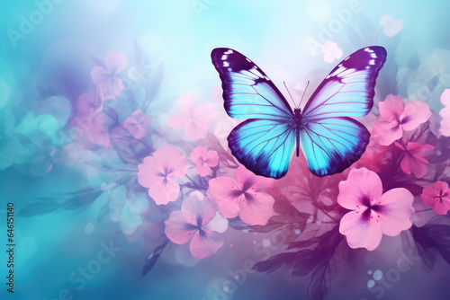 Beautiful blue butterfly perched on top of vibrant pink flowers. This image can be used to add touch of nature and color to any design project. © vefimov