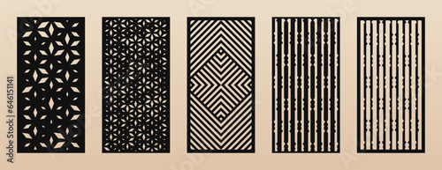 CNC, laser cut vector templates. Modern abstract geometric panels set with grid, lines, halftone patterns. Decorative template for laser cutting of metal, wood, acrylic, plastic. Aspect ratio 1:2