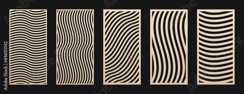 Laser cut panel set. Vector stencil with abstract geometric pattern, wavy lines, curves, stripes. Modern decorative panels for laser, CNC cutting of wood, metal, plastic, paper. Aspect ratio 1:2