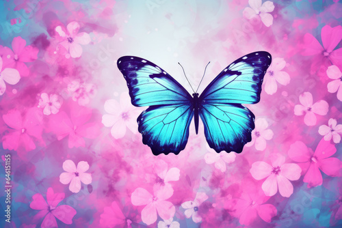 Beautiful blue butterfly perched on top of vibrant pink flowers. Perfect for nature lovers or garden enthusiasts.