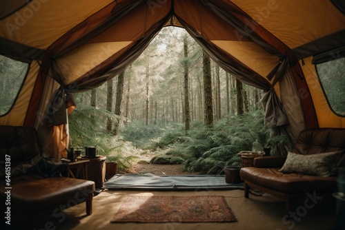 Photography from inside a tent, camp, forest landscape
