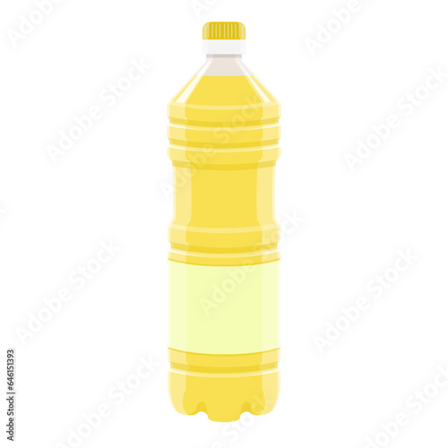 Sunflower oil layout isolated on white. Plastic bottle of yellow color with pure label in flat style. Vector picture for vegetable oil, cooking ingredient, organic product mockup, brand design.