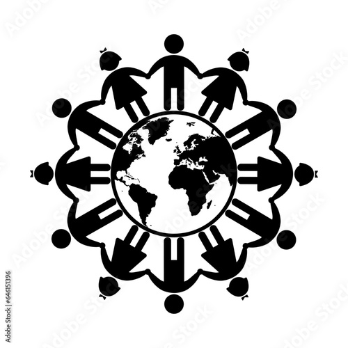 Children of the world icon, black silhouette on white. Boys and girls standing together around the Earth. Vector stencil shape for baby protection and care concept, World children's day design. photo