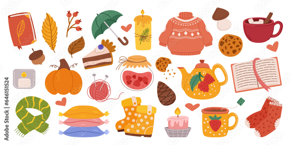 Cozy Autumn Set. Cartoon Book, Leaves, Umbrella And Sweater. Burning Candle, Cookie, Tea Cup And Pumpkin Cake Cozy Autumn Set. Cartoon Book, Leaves, Umbrella And Sweater. Burning Candle, Cookie, Tea Cup And Pumpkin Cake
