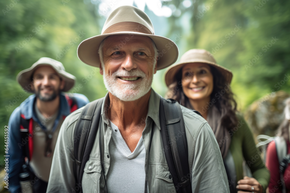 Picture featuring group of people wearing hats and carrying backpacks. Suitable for travel, adventure, or outdoor activities.