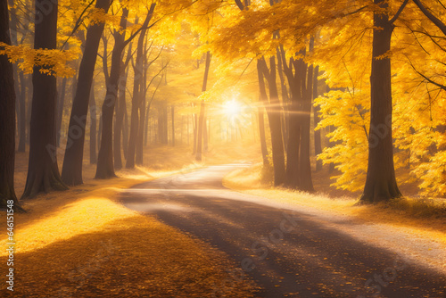 Golden Autumn Forest Road, Highly Detailed Photo with Sunbeams, Professional Woodland Scene - Nature Photography