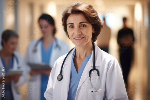Professional woman wearing stethoscope is standing in bright hospital hallway. This image can be used to represent healthcare, medical professionals, or hospital settings.