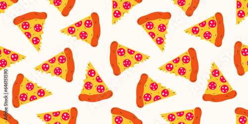Seamless pattern with pizza slices pepperoni. Hand drawn vector illustration. Trendy retro cartoon style in 80 90s.