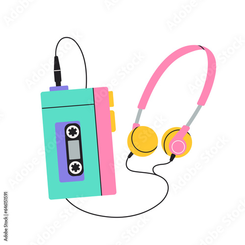 Retro portable cassette player with headphones player in 80s 90s cartoon style. Music player. Hand drawn vector illustration. Trendy patch, sticker, badge, emblem.