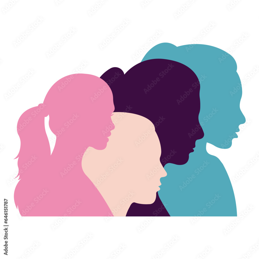 Silhouettes of women of different nationalities standing side by side.International Women's Day.Vector illustration.