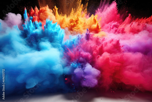 Colored powders suspended in air. Suitable for festive occasions and celebrations.