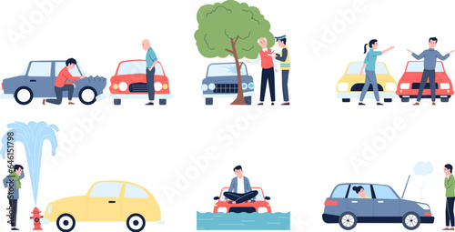 Car accident with person. Crash cars on road, problem traffic. Auto accidents, flat transportation collision. Vehicle broken recent vector scenes