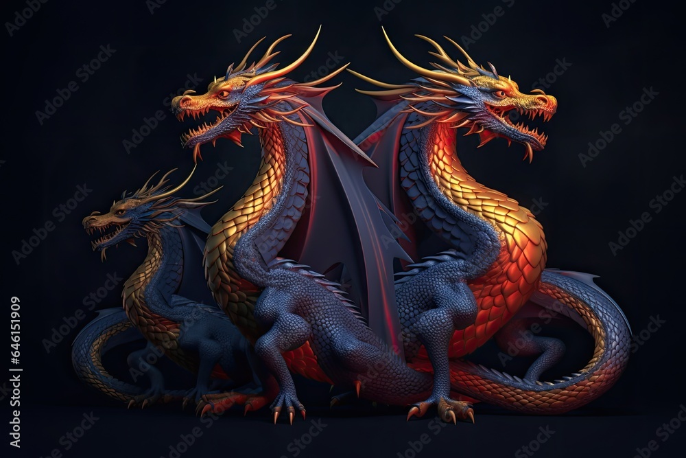 Obraz premium Three dragons on a dark background. Symbol of the year according to the Chinese calendar