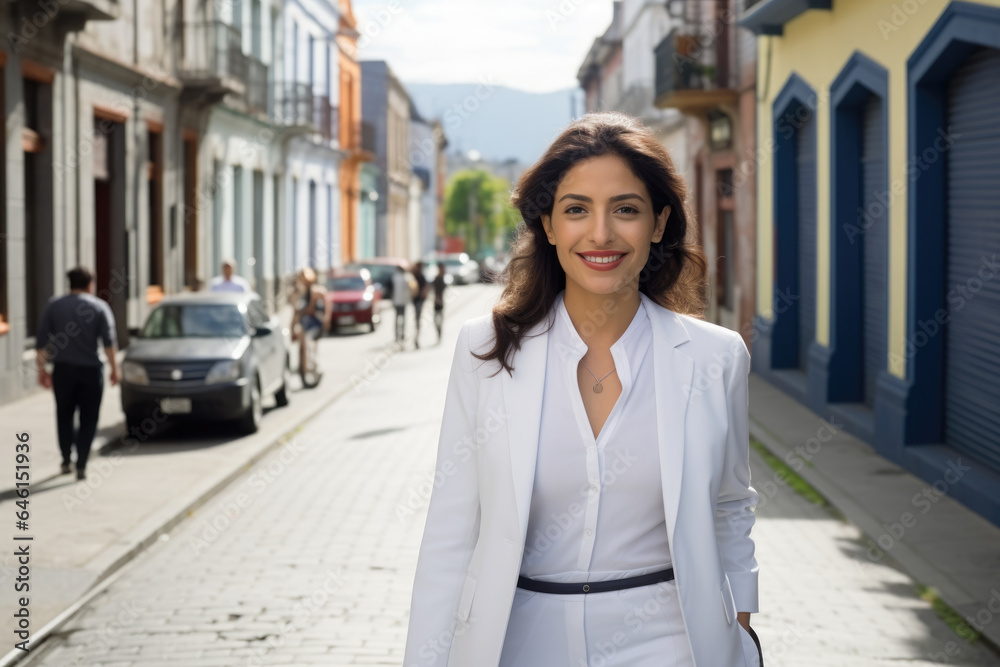 Woman in white suit walking down street. Suitable for business, fashion, and urban lifestyle themes.
