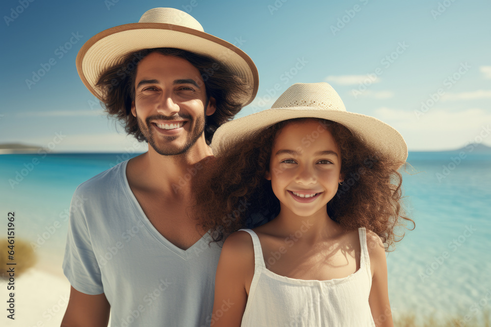 Man and little girl standing on beach. Perfect for family vacations and summer activities.