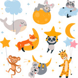 Cartoon animal sleep. Cute dream zoo baby on moon, stars and clouds. Sleeping forest animals, fox, giraffe and koala. Children classy vector characters