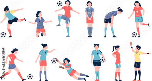 Flat female football players with ball. Soccer workouts for teenagers, professional girls players team, sport women recent vector characters