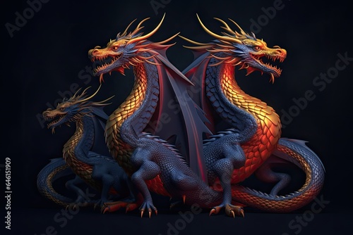 Three dragons on a dark background. Symbol of the year according to the Chinese calendar © foto.katarinka