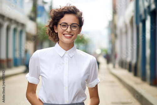 Woman wearing glasses and white shirt. This image can be used to depict professionalism, intelligence, or modern lifestyle. © vefimov