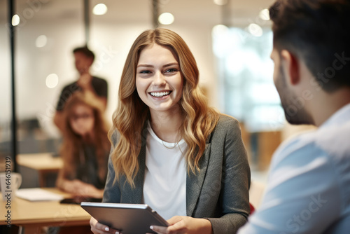 Woman is smiling while holding tablet. This picture can be used for various purposes.