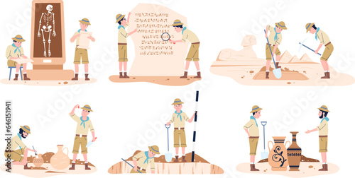 Archeologist working, geology and archeology. Historical archeological discovery, man and woman with tools. Cartoon ancient recent vector set
