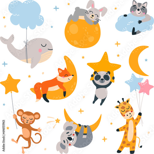 Cartoon animal sleep. Cute dream zoo baby on moon, stars and clouds. Sleeping forest animals, fox, giraffe and koala. Children classy vector characters