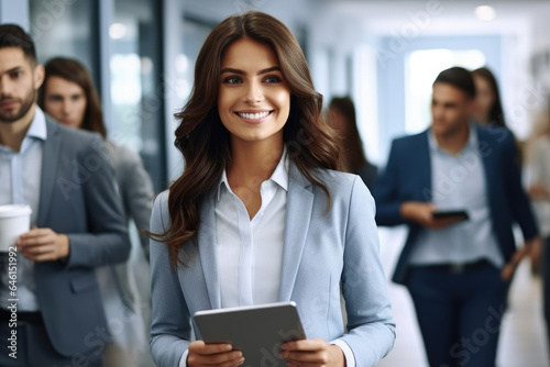 Woman dressed in business suit holding tablet. Suitable for corporate and technology-related concepts.