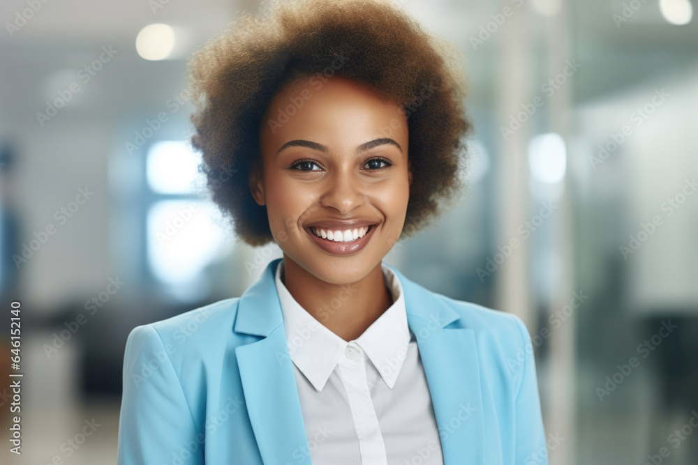 Woman wearing blue jacket and white shirt, with smile on her face. This versatile image can be used in various contexts. Woman wearing blue jacket and white shirt, with smile on her face. This versatile image can be used in various contexts.