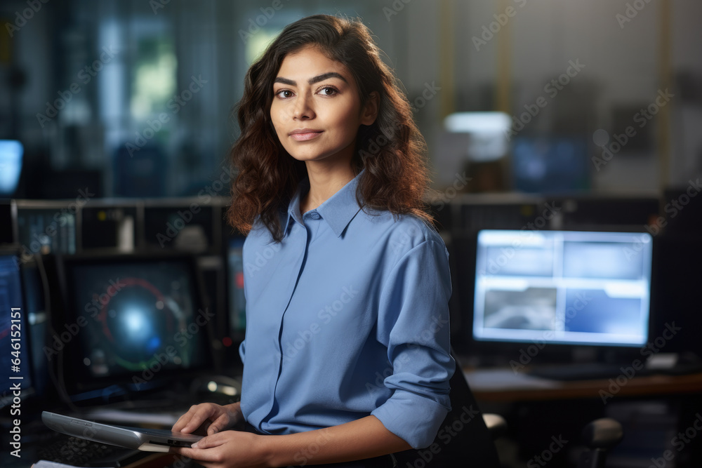 Woman wearing blue shirt is sitting in front of computer. This image can be used to depict technology, work, office, or online activities. Woman wearing blue shirt is sitting in front of computer. This image can be used to depict technology, work, office, or online activities.